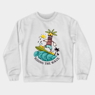 Riding the Wave, a coconut tree cartoon mascot who surfs the waves Crewneck Sweatshirt